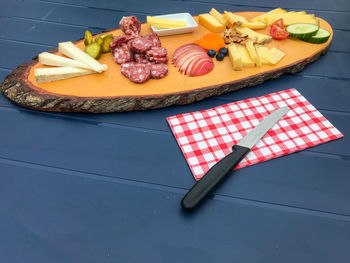 High angle view of fruits in plate on table