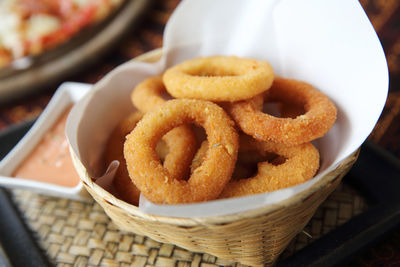 High angle view of bread in basket on table