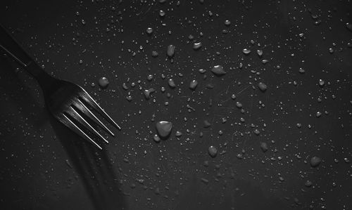 Close-up of water drops on metal