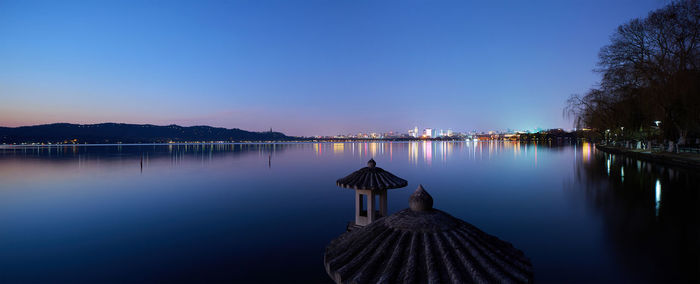 Scenic view of lake against clear blue sky