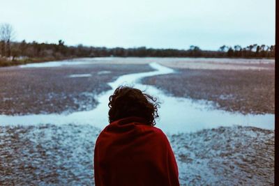 Rear view of person next to landscape