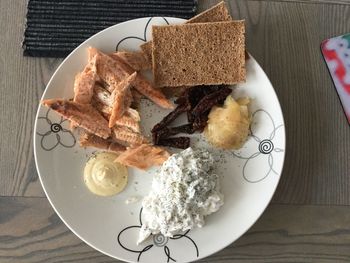 High angle view of food in plate on table