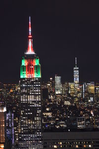 Illuminated buildings in city at night