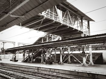 Low angle view of railroad station against sky