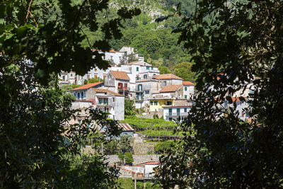 High angle view of buildings in town