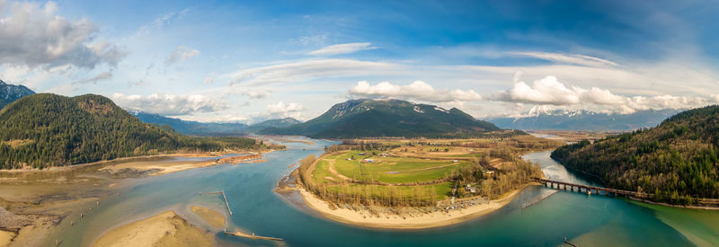 Panoramic view of river amidst mountains against sky