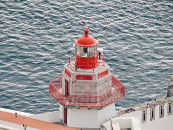 High angle view of red ship in sea