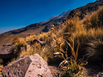 Scenic view of mountains against clear blue sky