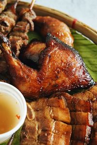 High angle view of meal served on table