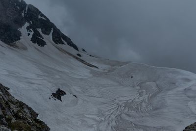 Scenic view of snow covered mountains against sky