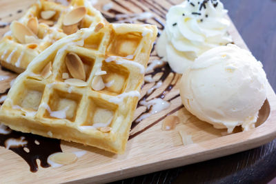 Close-up of cake served on table