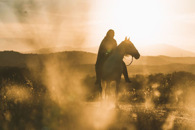 Woman riding horse on field during sunset