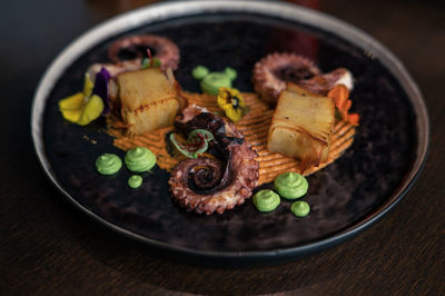 High angle view of food in plate on table