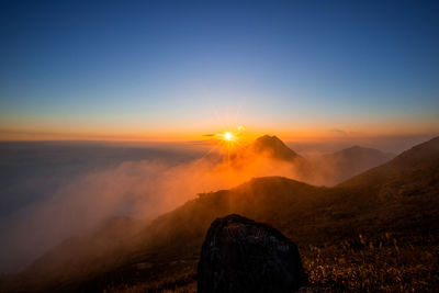 Scenic view of landscape against clear sky during sunset