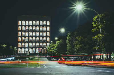 Light trails on road at night