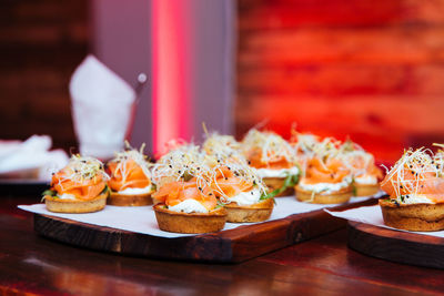 Close-up of sushi served on table in restaurant