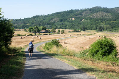 Rear view of man walking on road against mountains