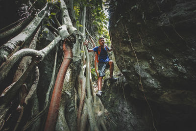 Man standing on rock in forest