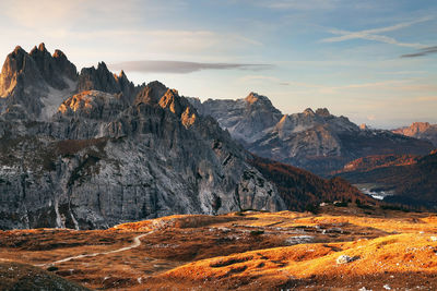 Scenic view of mountains against sky during sunset