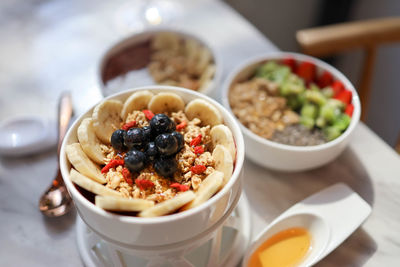 High angle view of breakfast served on table