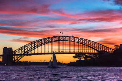 Sydney harbour bridge with dramatic sunset sky on the background