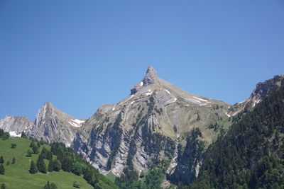 Panoramic view of mountains against clear blue sky