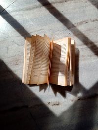 High angle view of open book on sunny day
