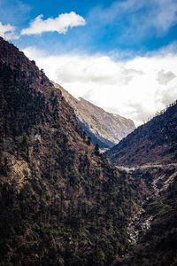 Himalaya mountain valley with bright blue sky at day from hilltop