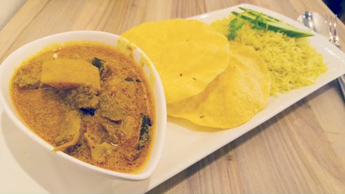 High angle view of serving food in plate