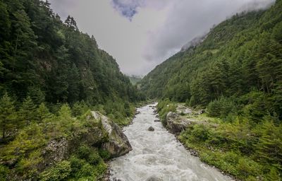 Scenic view of waterfall amidst trees against sky