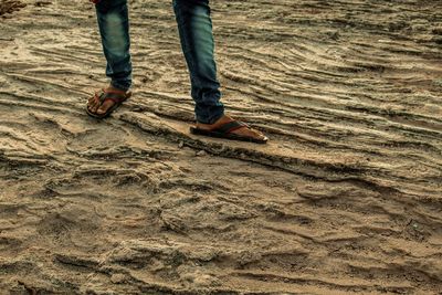 Low section of man standing on mud