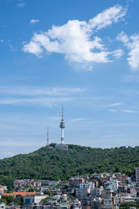 Buildings by sea against sky