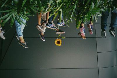 Upside down image of people with feet up in grass against wall