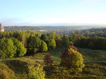 Scenic view of trees and plants against sky