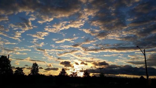 Silhouette trees on field against scenic sky