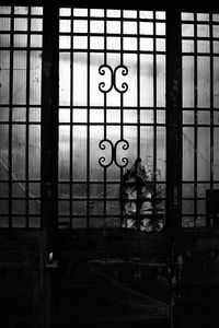 Metal grate of building seen through window