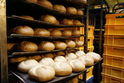 Breads in baking rack at bakery