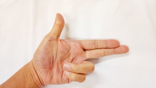 Close-up of human hand against white background