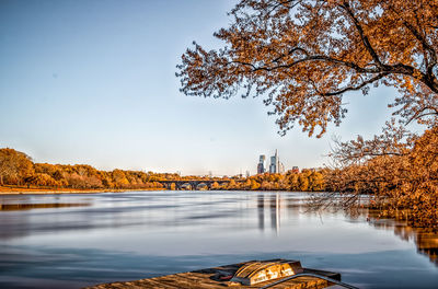 Scenic view of lake against clear sky during autumn