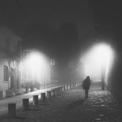 Rear view of man walking on illuminated street at night