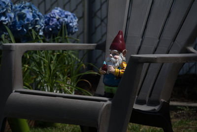 Close-up of toy on table in yard