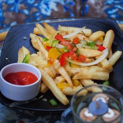 Close-up of served food in plate