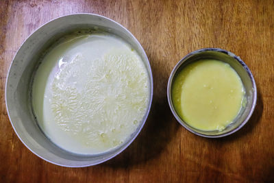 High angle view of juice in bowl on table