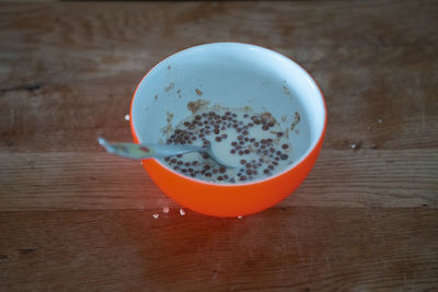 High angle view of dessert in bowl on table