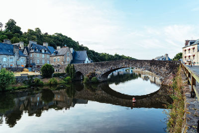 Arch bridge over river amidst buildings against sky