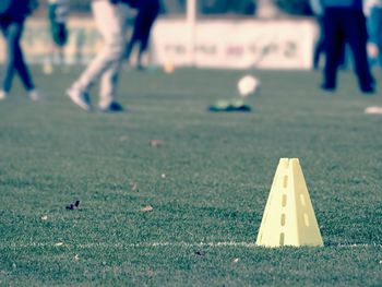 Soccer green grass with summer background. football soccer training equipment