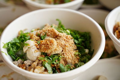 High angle view of salad in bowl on table