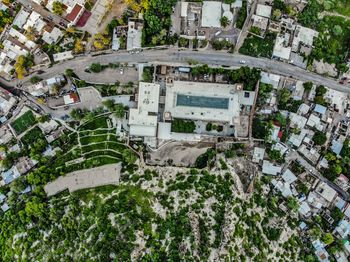 High angle view of trees and buildings in city