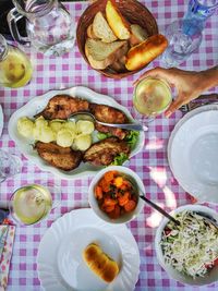 High angle view of meal served on table