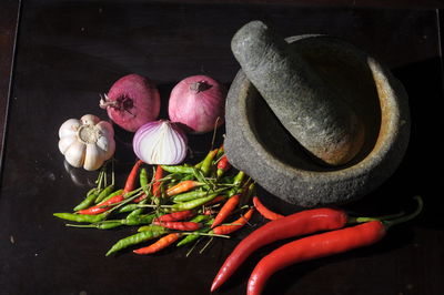 Variety of chili peppers on table